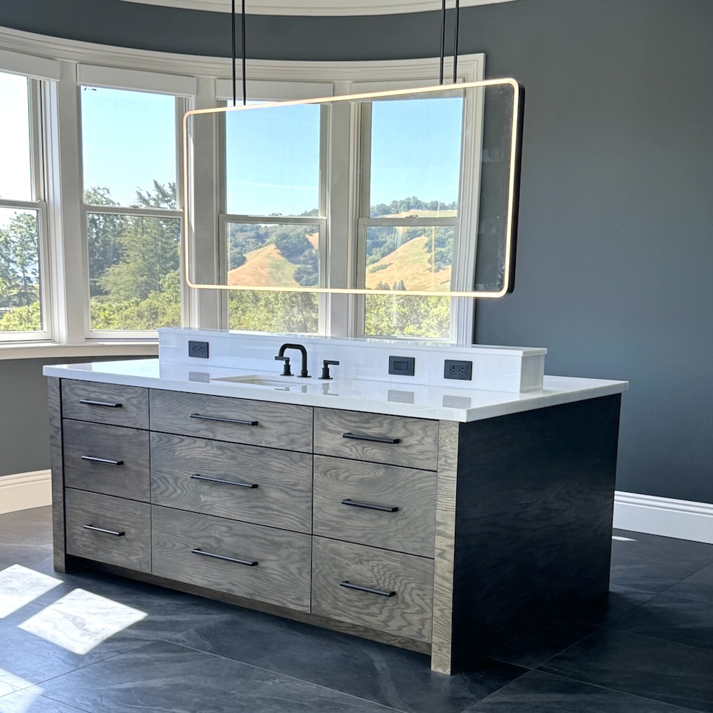 Ceiling Suspended Front Illuminated Double sided oversized rectangular mirror