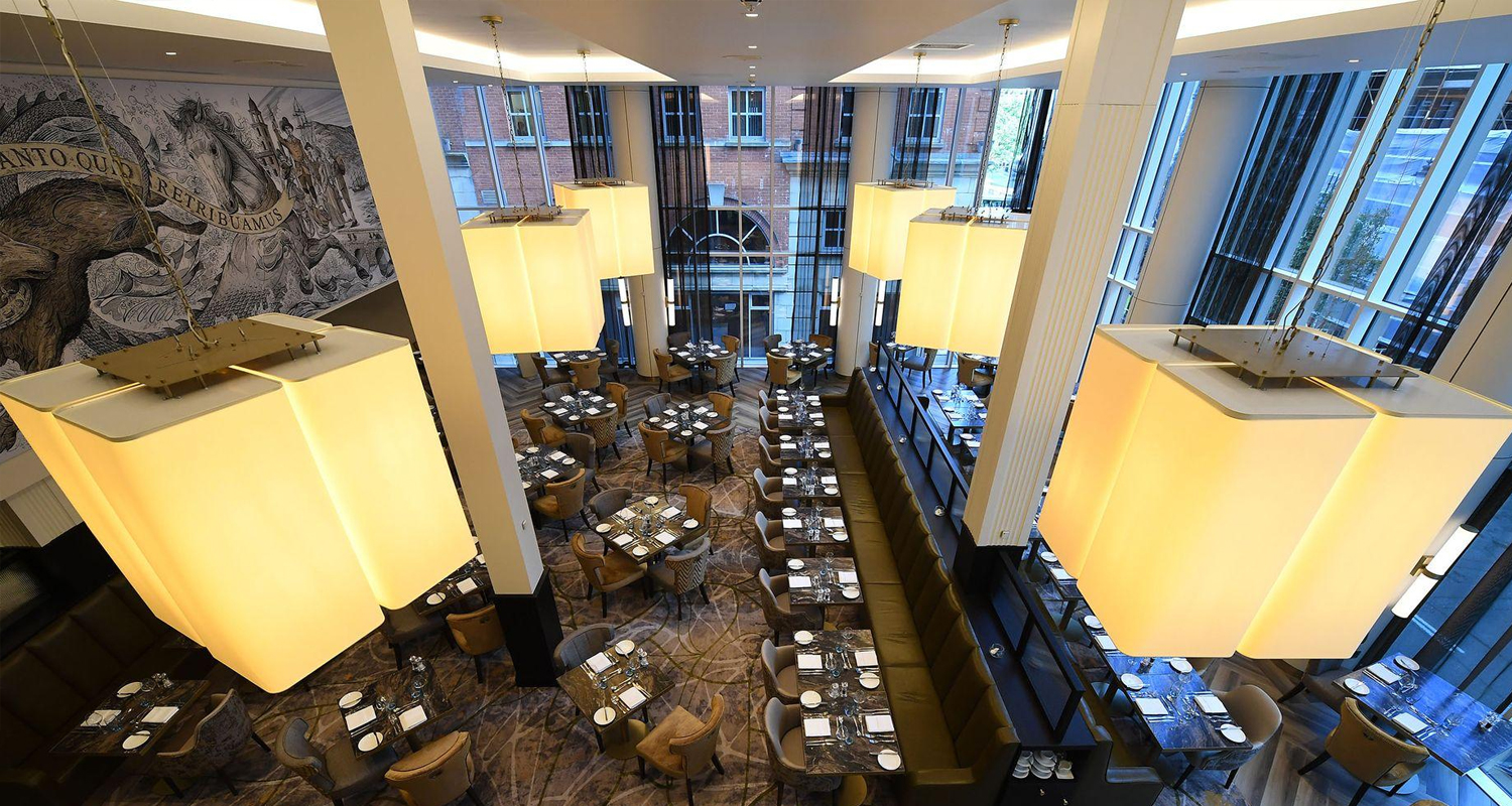 Another view of the oversized pendant lampshades at the Grand Central Hotel Belfast