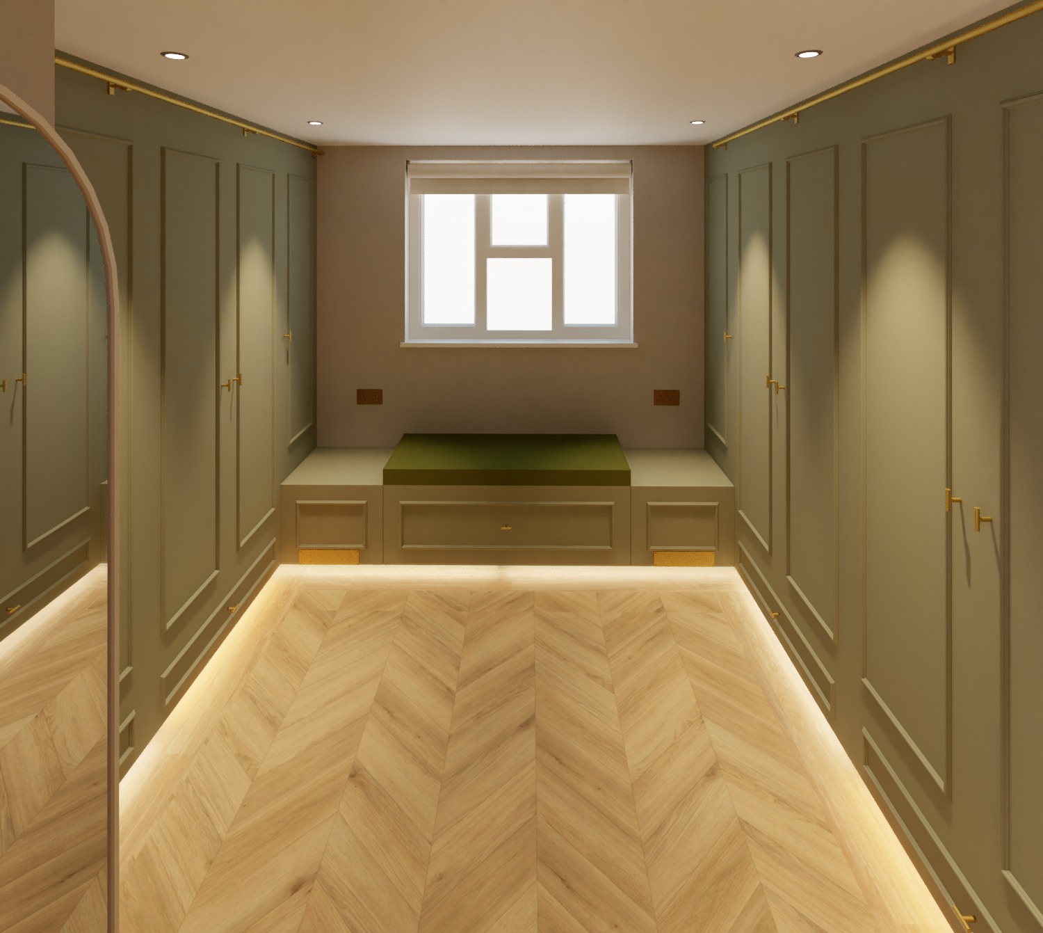 Bespoke fitted furniture around the perimeter of the space. Plinth lighting and a herringbone floor bring interest at low level 