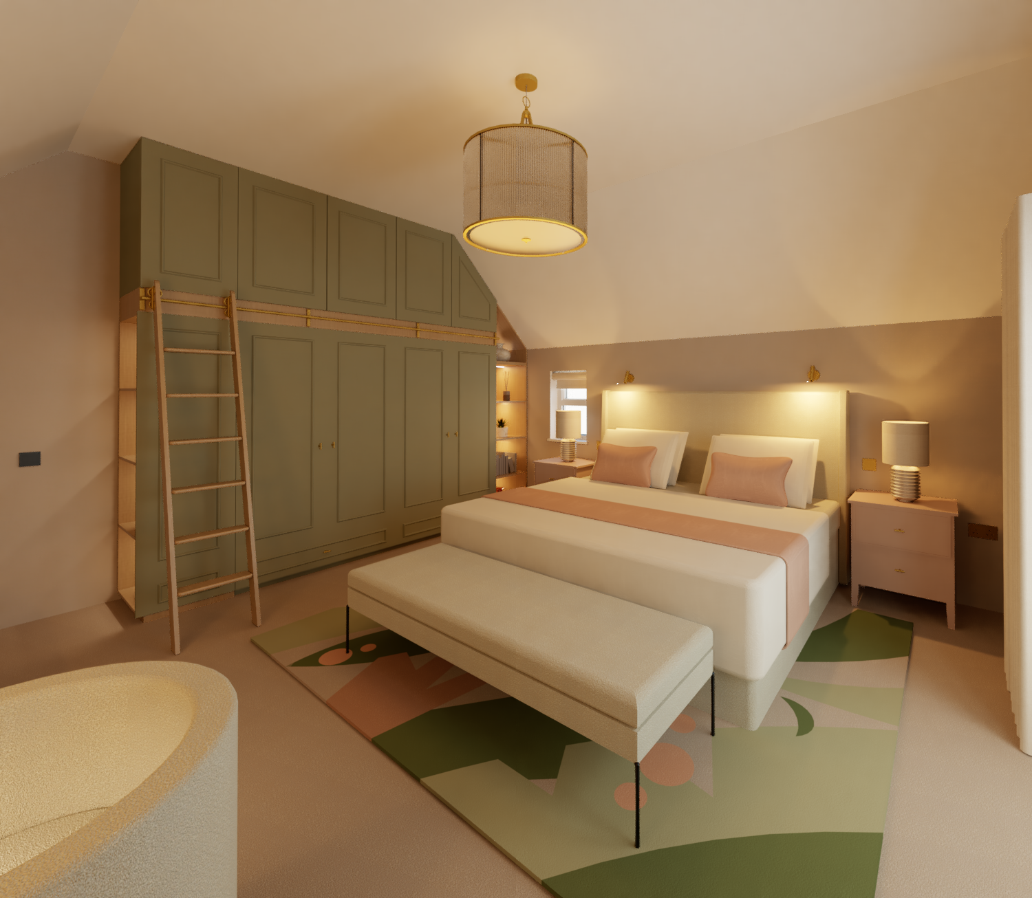 Master bedroom with full height fitted furnitre to one side. A superking bad in the centre of the room and a bespoke rug as the focal point of the space. 