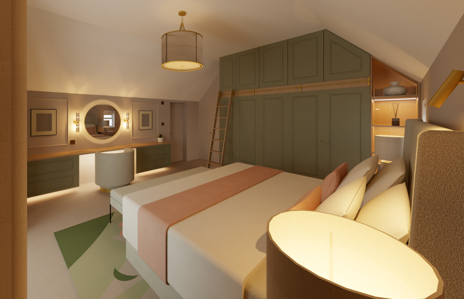 Master bedroom with full height fitted furnitre to one side. A superking bad in the centre of the room and a bespoke rug as the focal point of the space.  Low level fitted furniture with lighting below provides a dressing table area