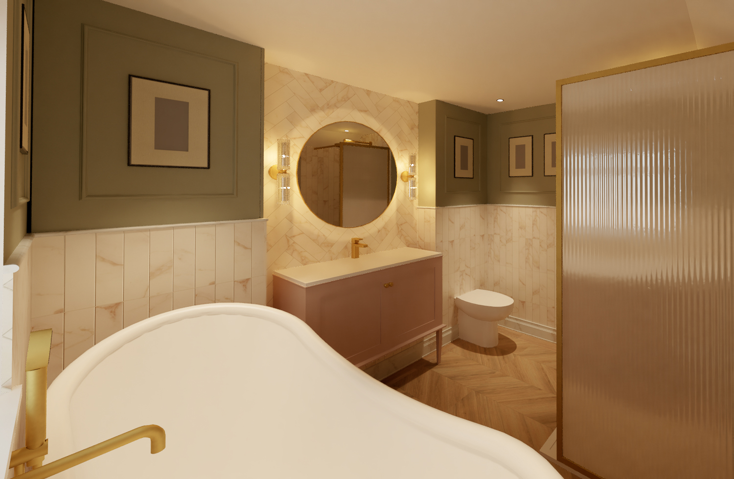 En-suite with symmetrical secret cabinetry, free standing boat bath and reeded glass shower 