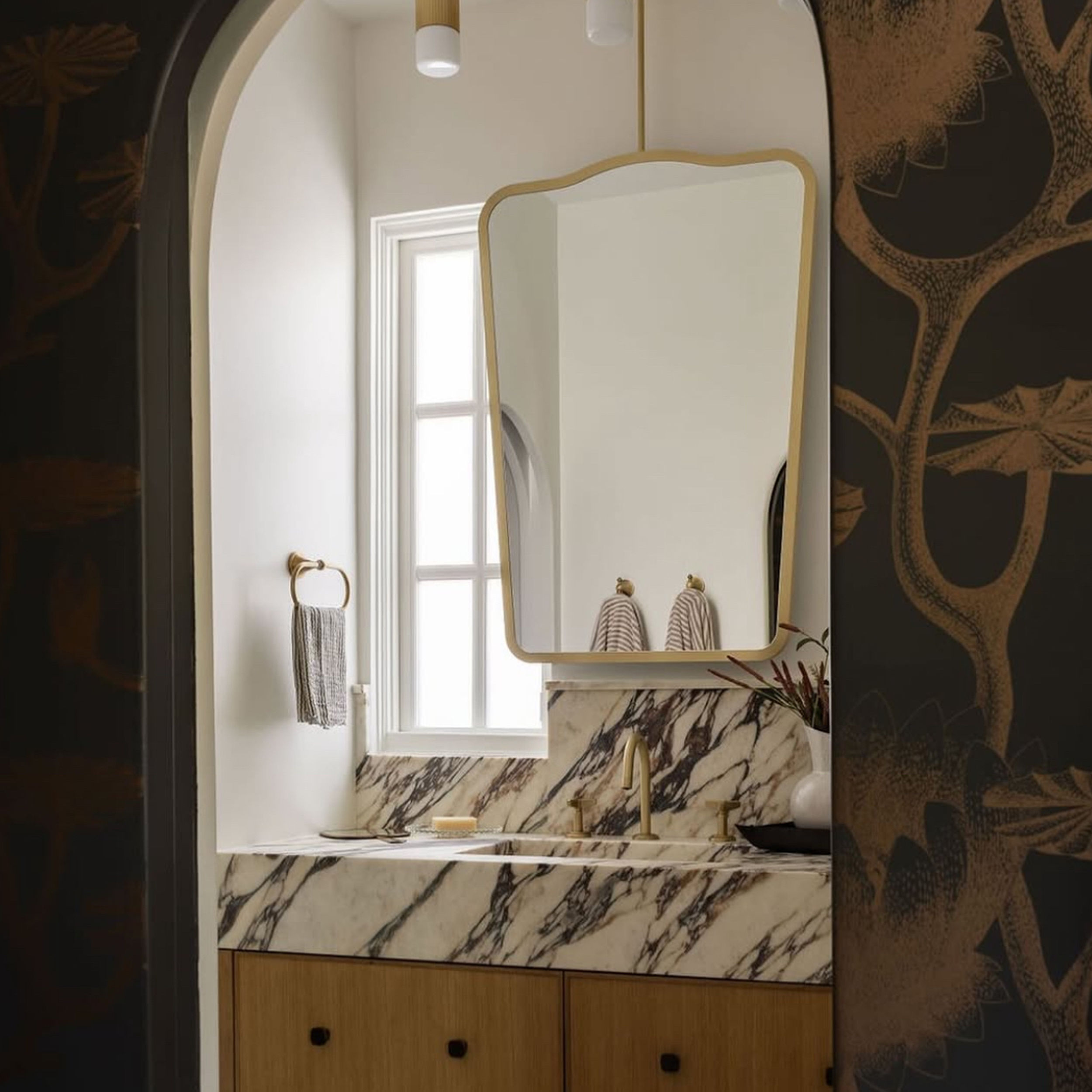 Mid Century Ceiling Suspended Mirror with Brass Frame Vintage