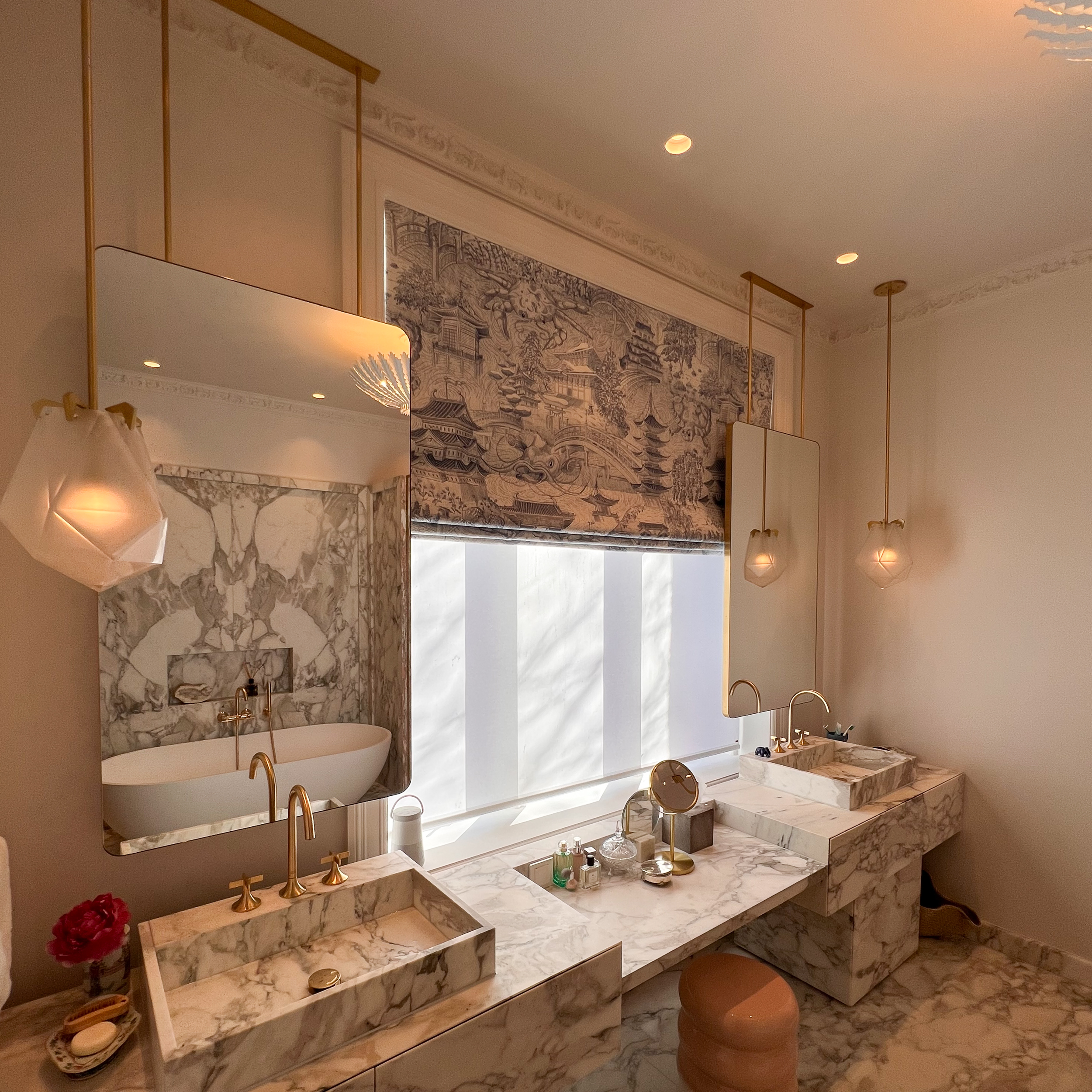 Set of 2 Ceiling Suspended  rectangular mirrors with brass frame