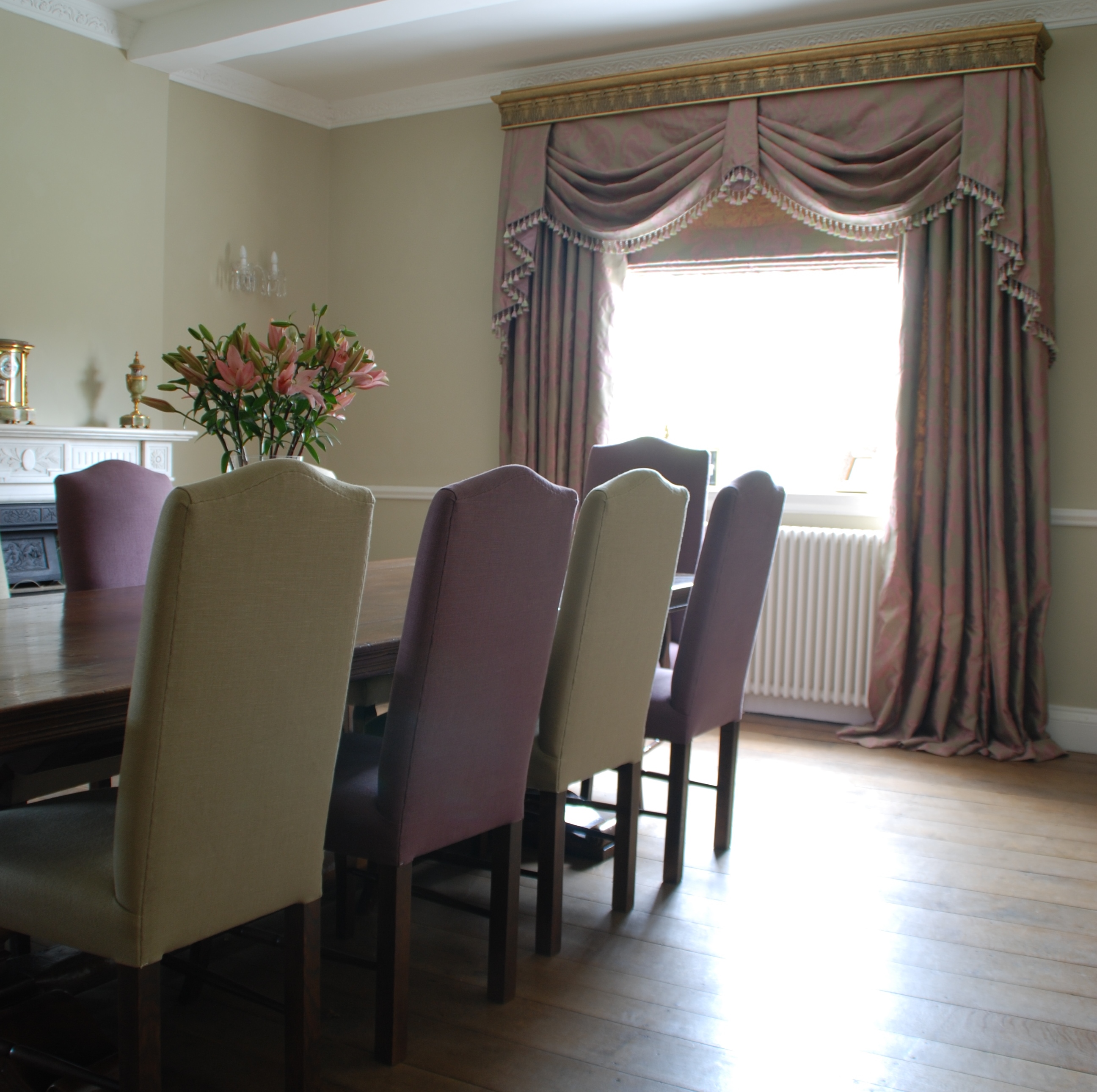 Swags and Tails curtains with dining chairs