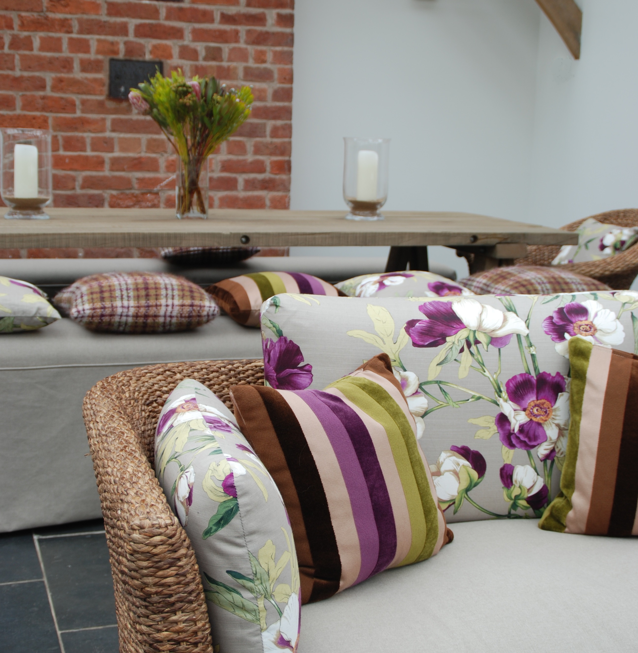 Pattern cushions on conservatory sofa