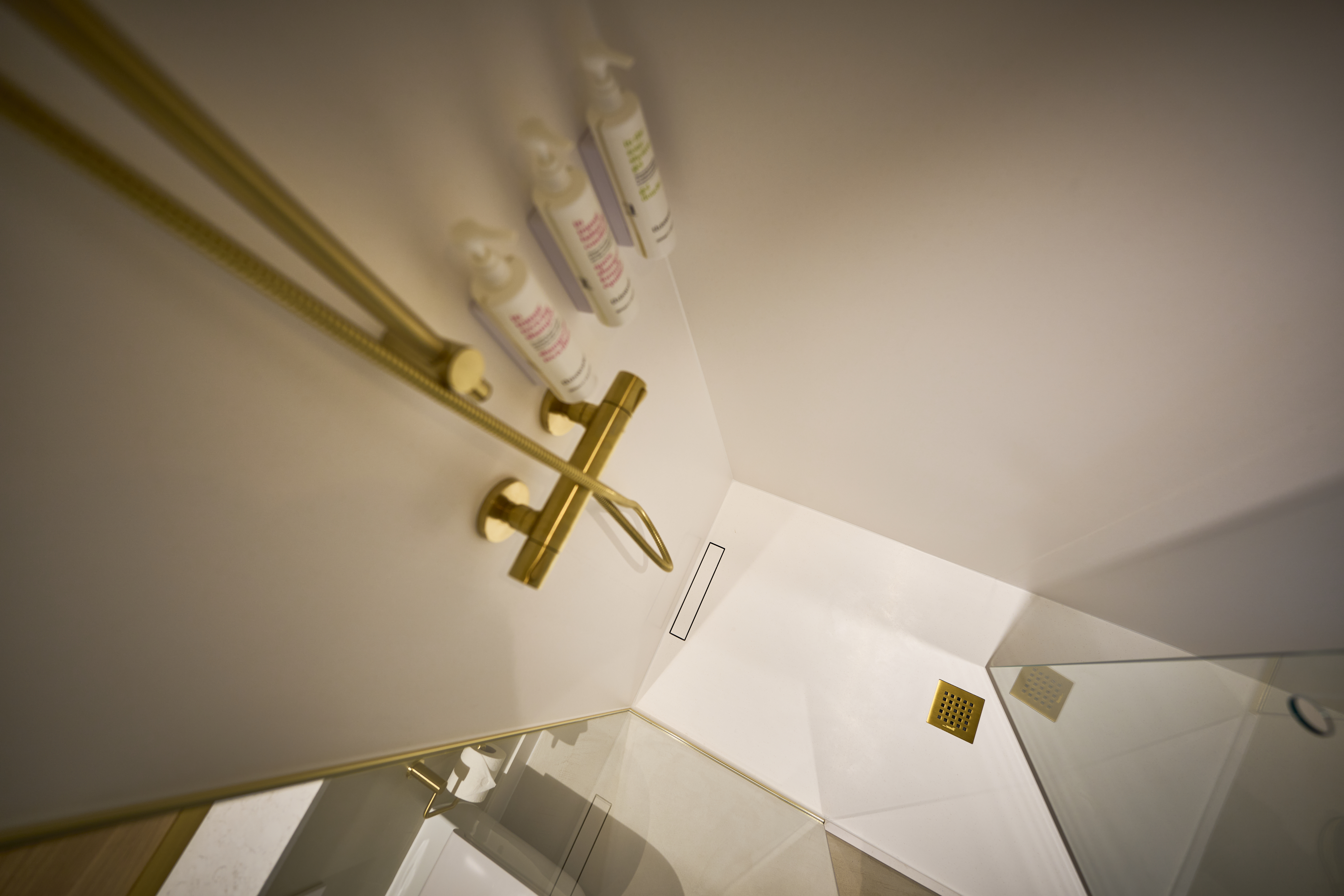 overhead picture shot of the new shower area with new gold features
