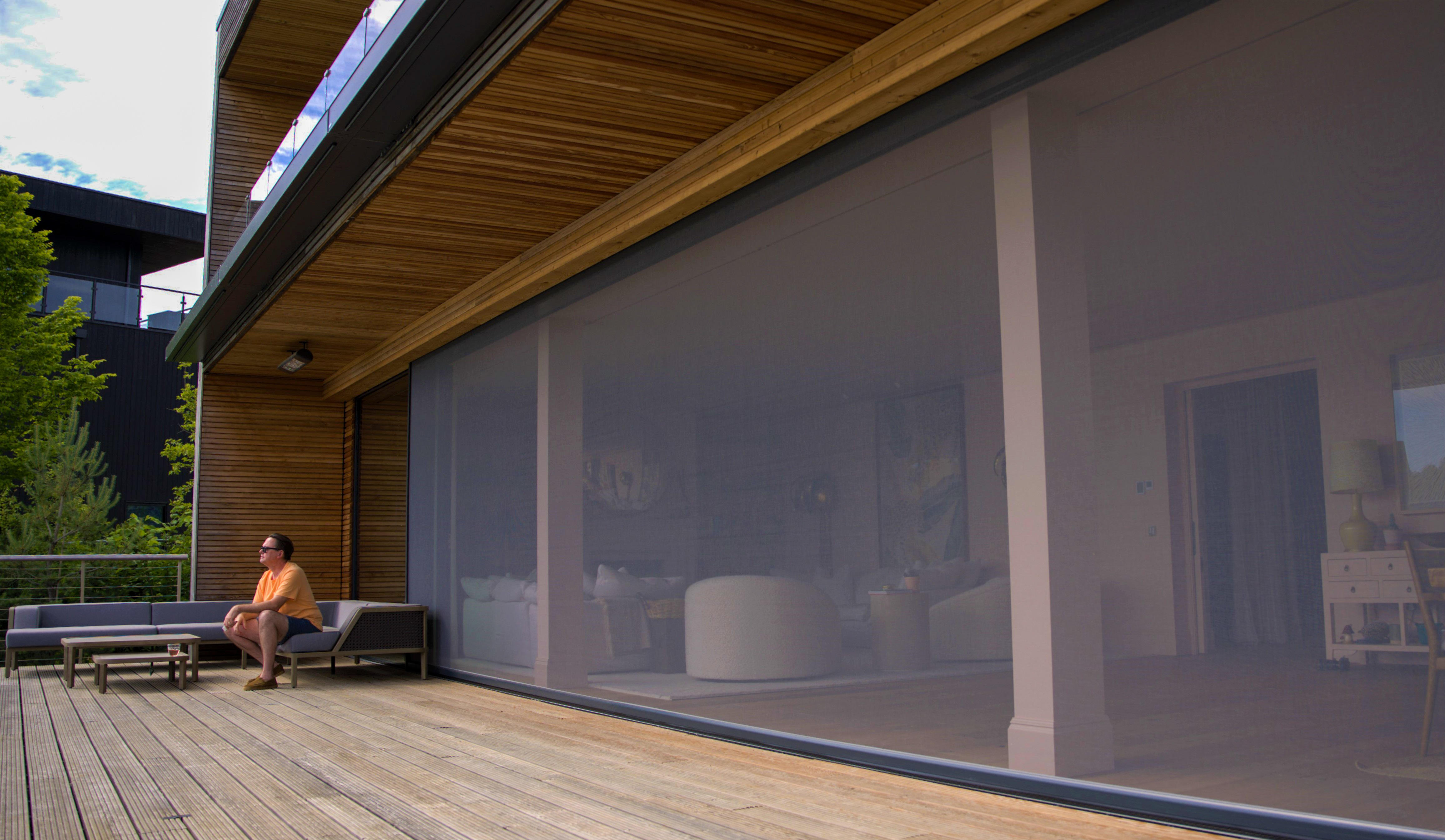 Large deck and sliding doors open with power screen keeping waterborne flies out