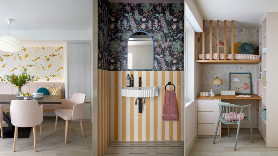 The use of sunny yellows and pale pinks continued throughout the home for cohesivity