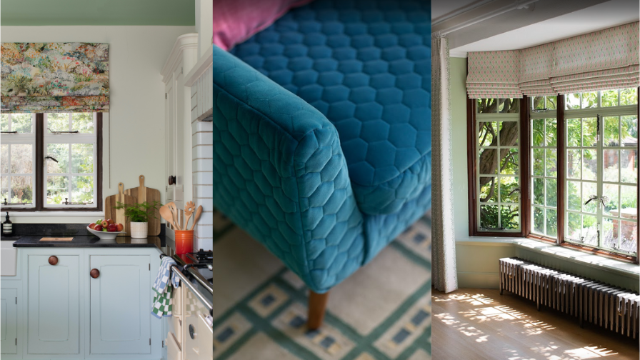 A view of the garden from the sunroom and adjoining kitchen, refreshed in a soft blue