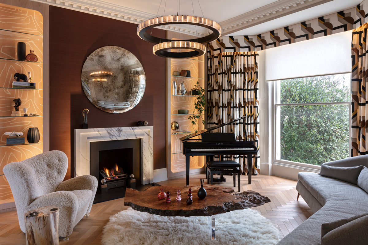 Family and music room; Chesney's fireplace; layered lighting; soft texture and warmth; 