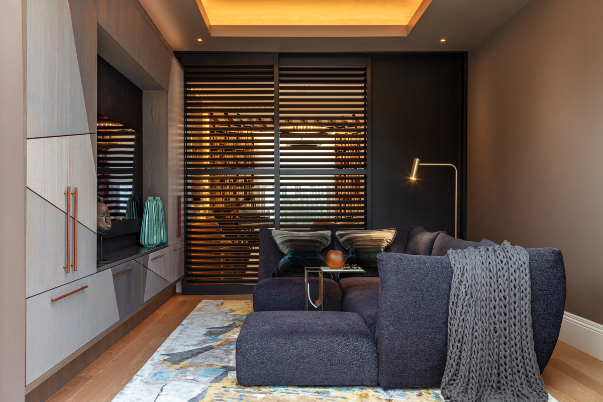 Media room; coffered ceiling; oversized fitted joinery