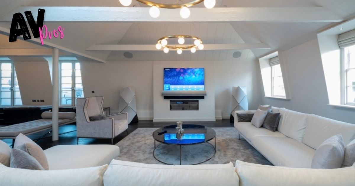 Luxury living room with integrated Bang & Olufsen speakers and smart AV system by AV Pros, featuring hidden in-ceiling speakers and a wall-mounted screen for seamless interior design integration.