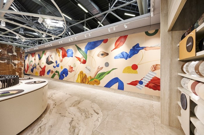 cream wall with colourful icons