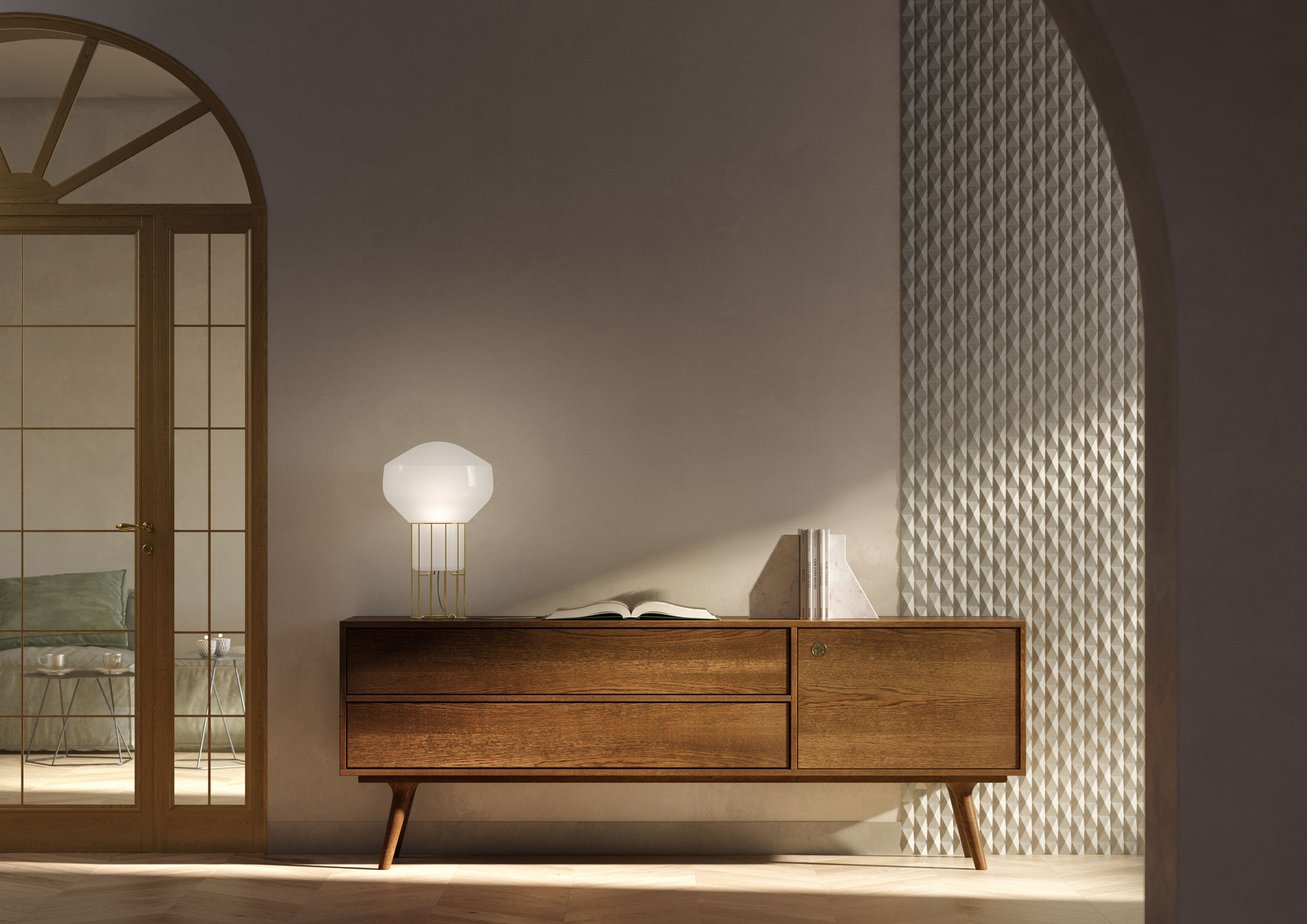 Aérostat table lamp with a metal cage acting as support.  Diffusers are in gloss white blown glass whereas the metal cages are in brass, black chrome and copper finish, all shiny. Electrification on main voltage for LED bulbs.