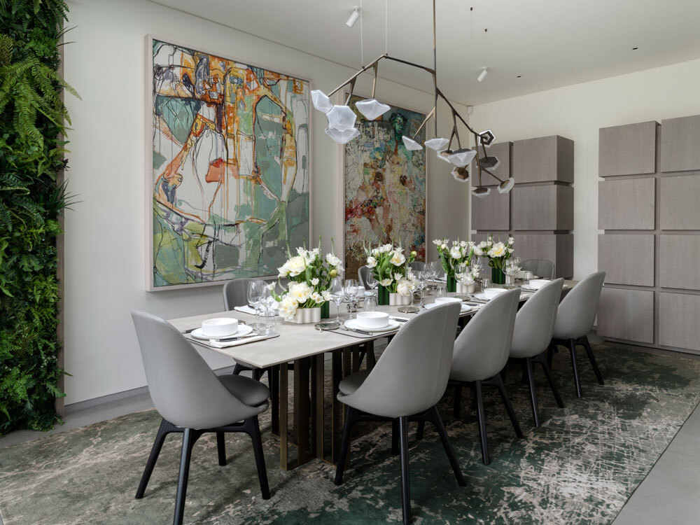 Dining area with grey chairs
