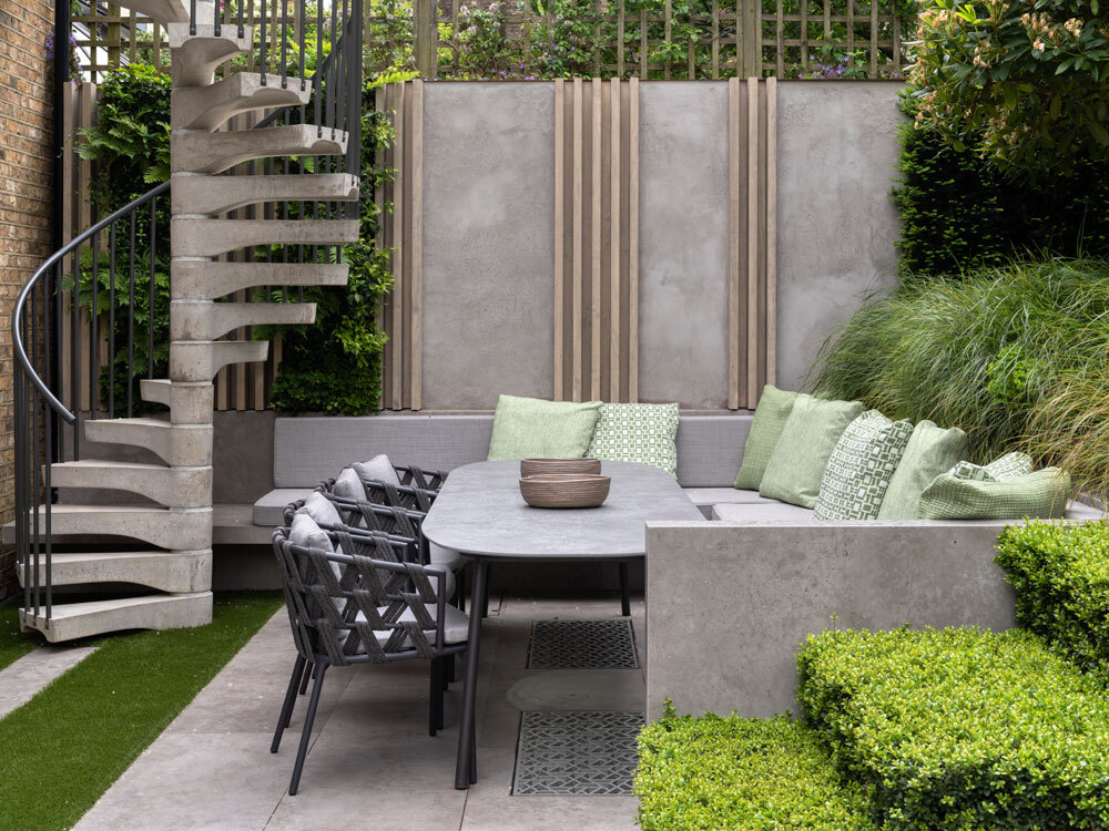 Outdoor seating area with stairs