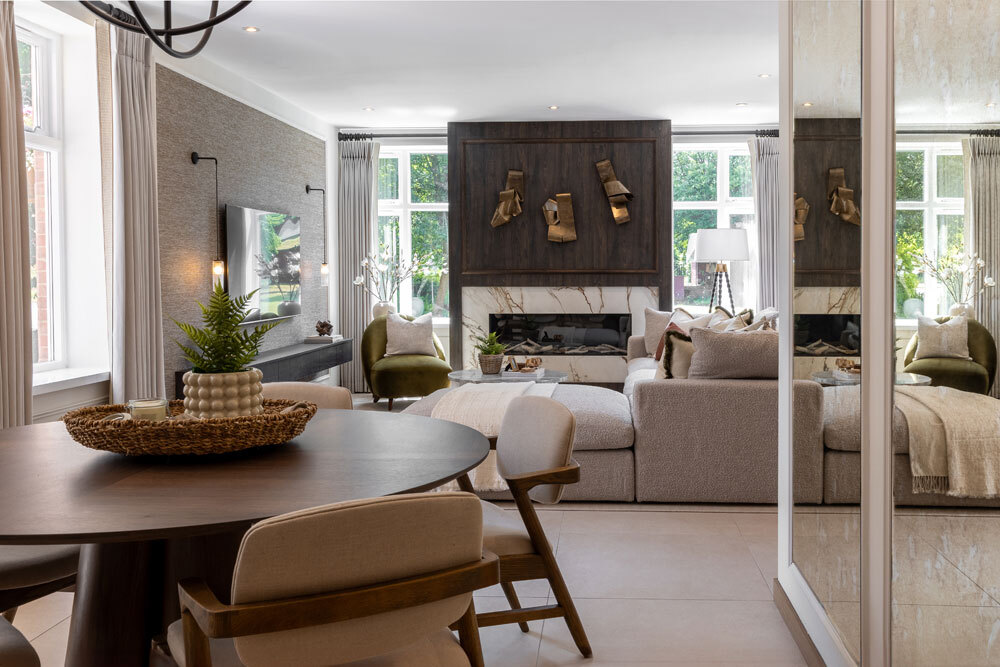 Dining area with living room behind