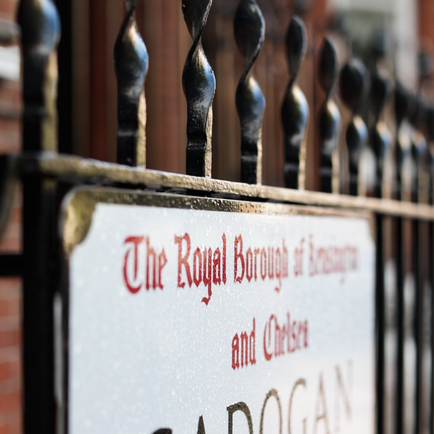Exterior detail of a Chelsea townhouse setting, establishing the location for a high-end residential renovation and full-service interior architecture project in London.