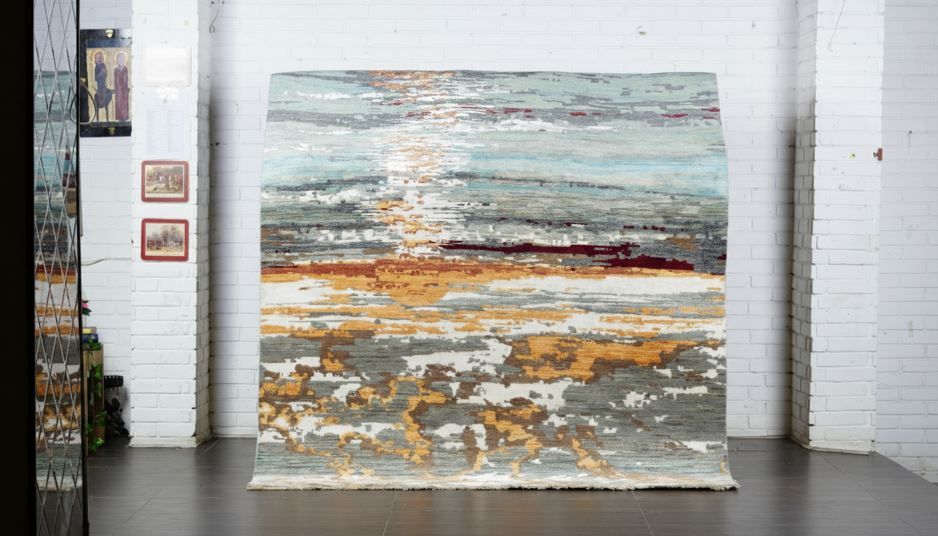 A large, hand-knotted wool and silk rug displayed vertically, featuring a modern abstract design in horizontal bands of grey, blue, ochre, and red, resembling a landscape or water reflection.