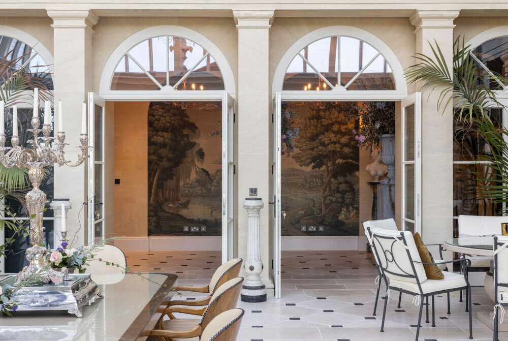 Archway doors with tiled floored and seating