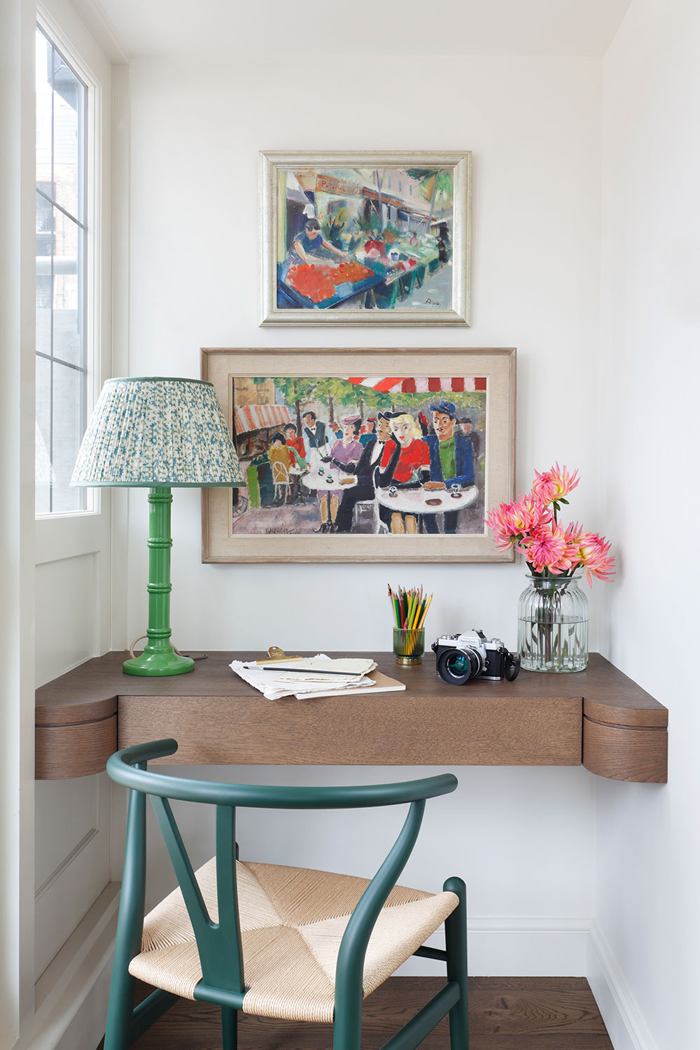 Desk with pictures over it