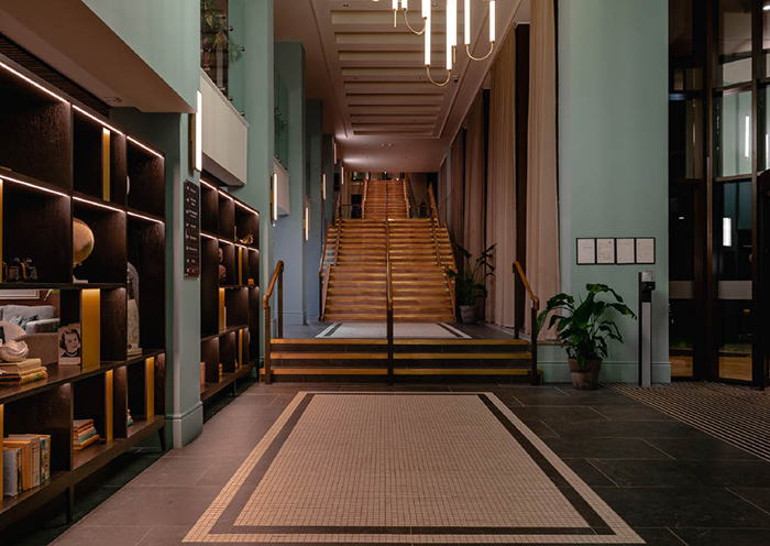 Wide hallway at hotel with stairs