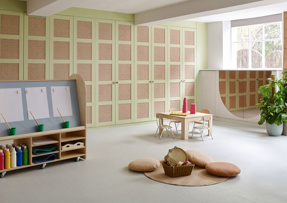 Wardrobe covered wall with seating area