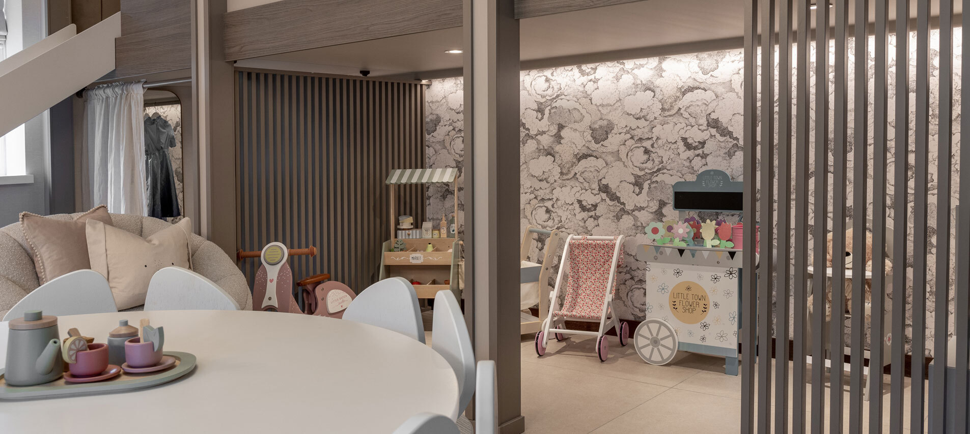 Playroom with toys and table