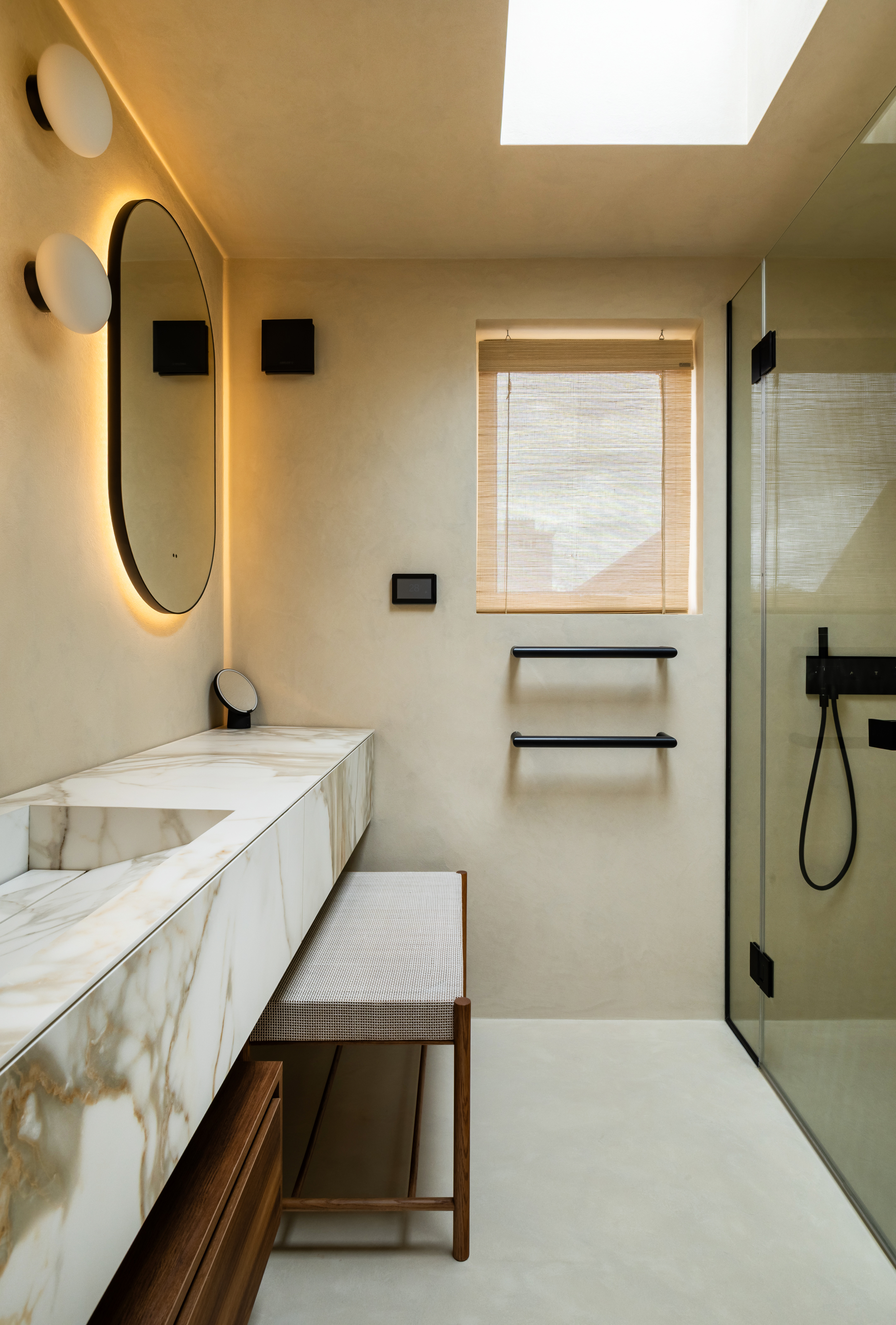 Microcrete  bespoke porcelain vanity , bespoke seating and drawers