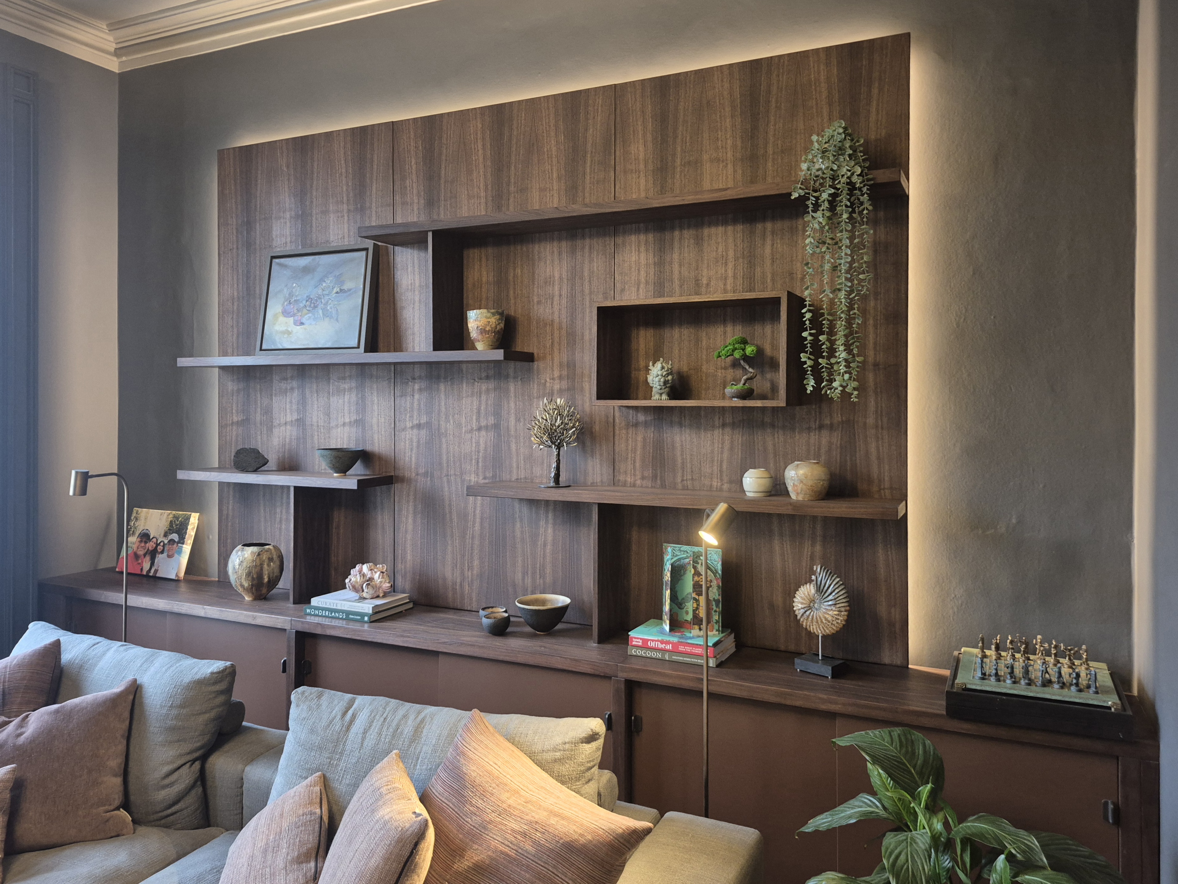Walnut wood shelving and storage unit