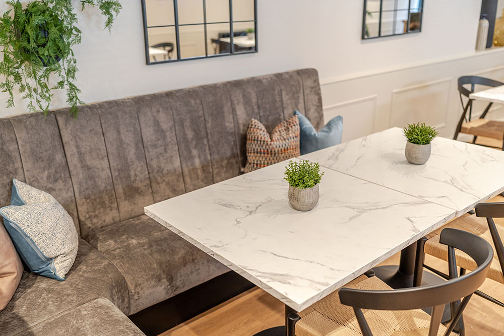 Dining table and banquette seating