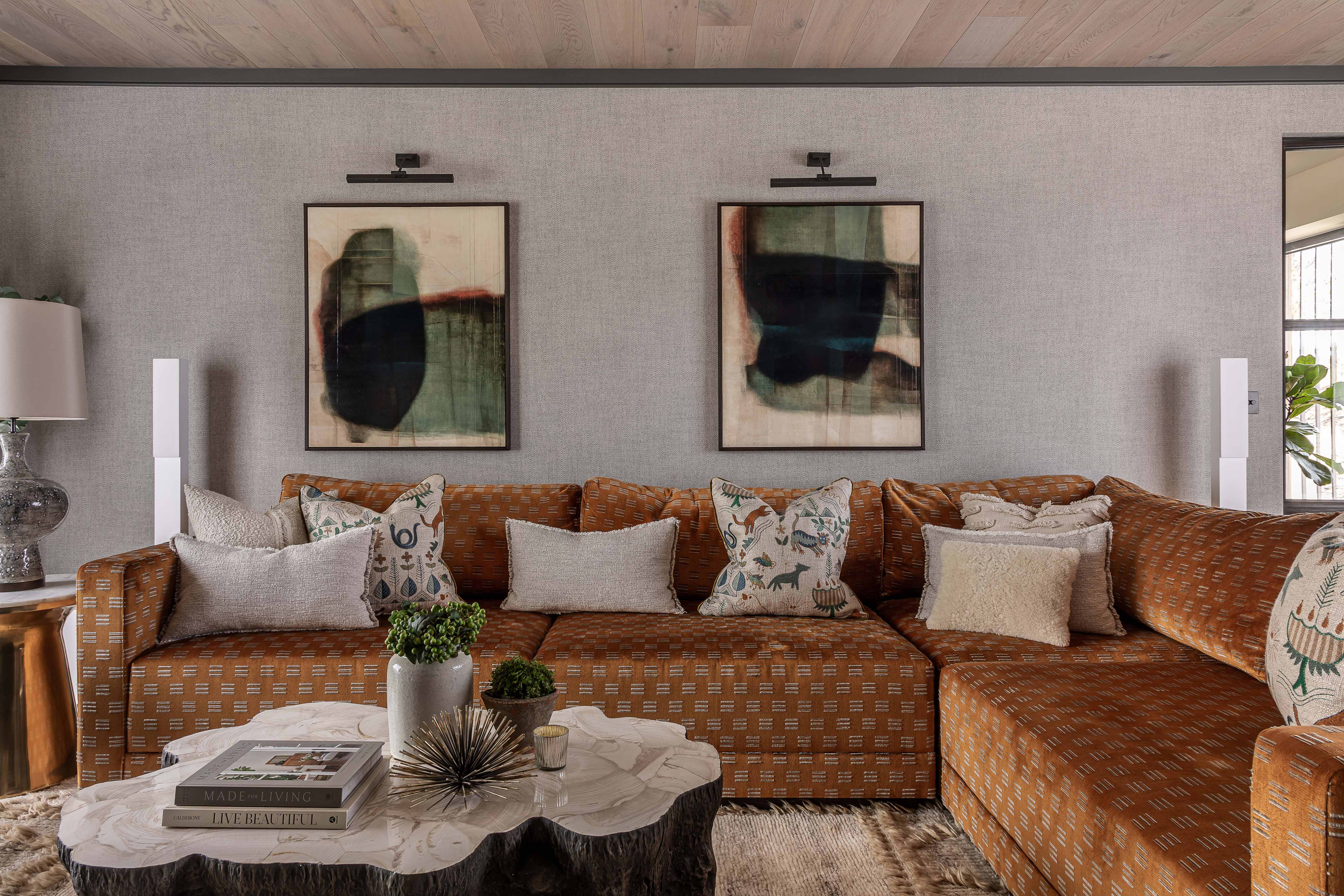 Bespoke modular sofa upholstered in Romo fabric by Origins Design for Chantel Elshout.