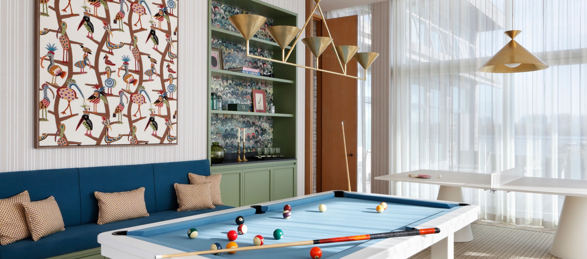 Pool table in colourful room