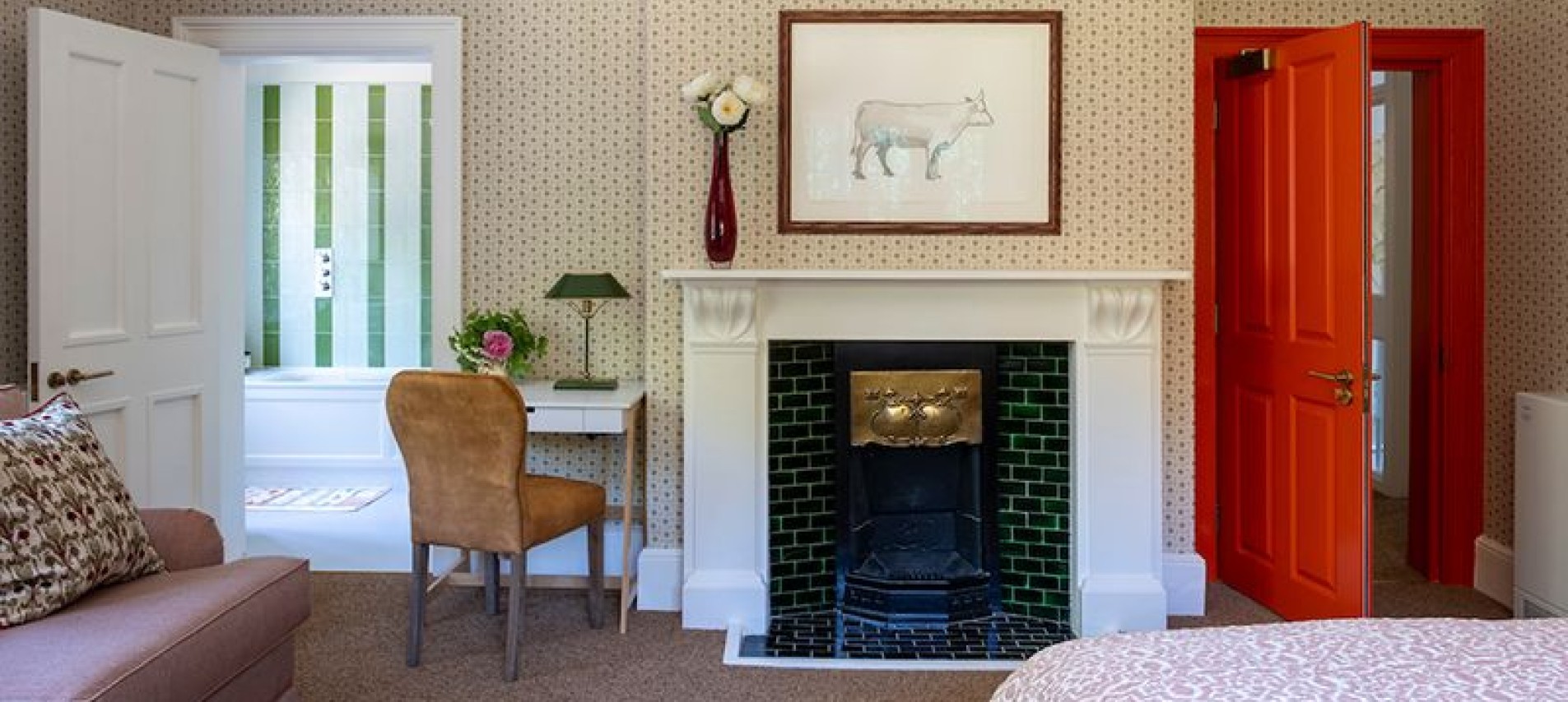 Fire place and red door