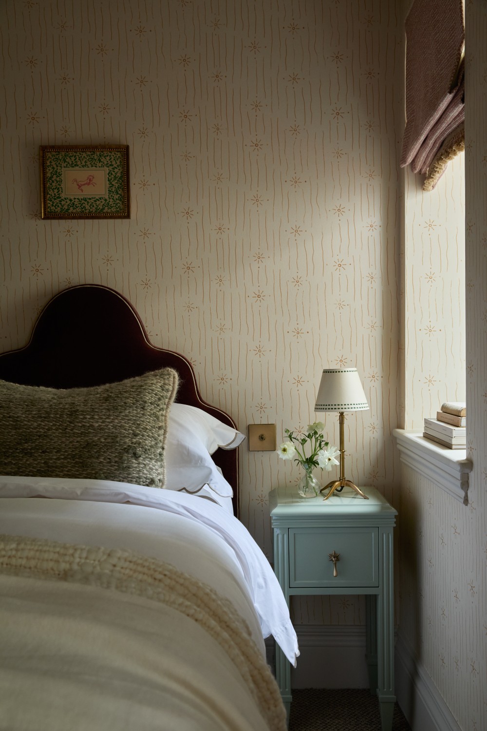 Bed with headboard and side table