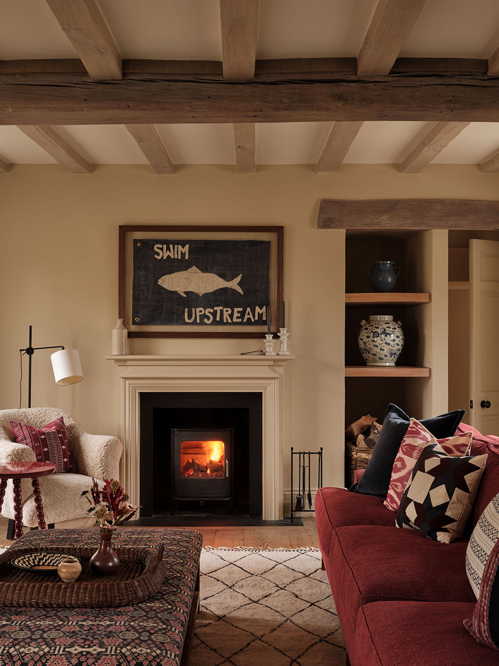 Sofa by fireplace