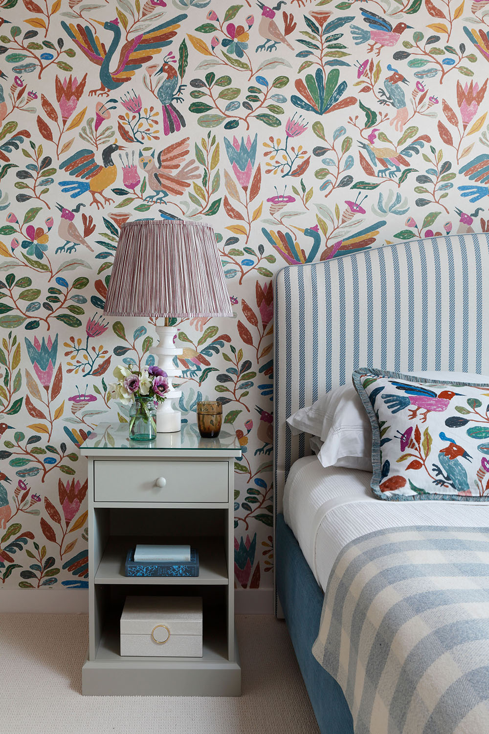 Bedroom with floral wallpaper