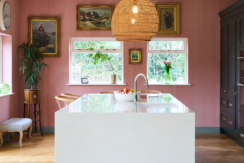 Island counter and pink wall