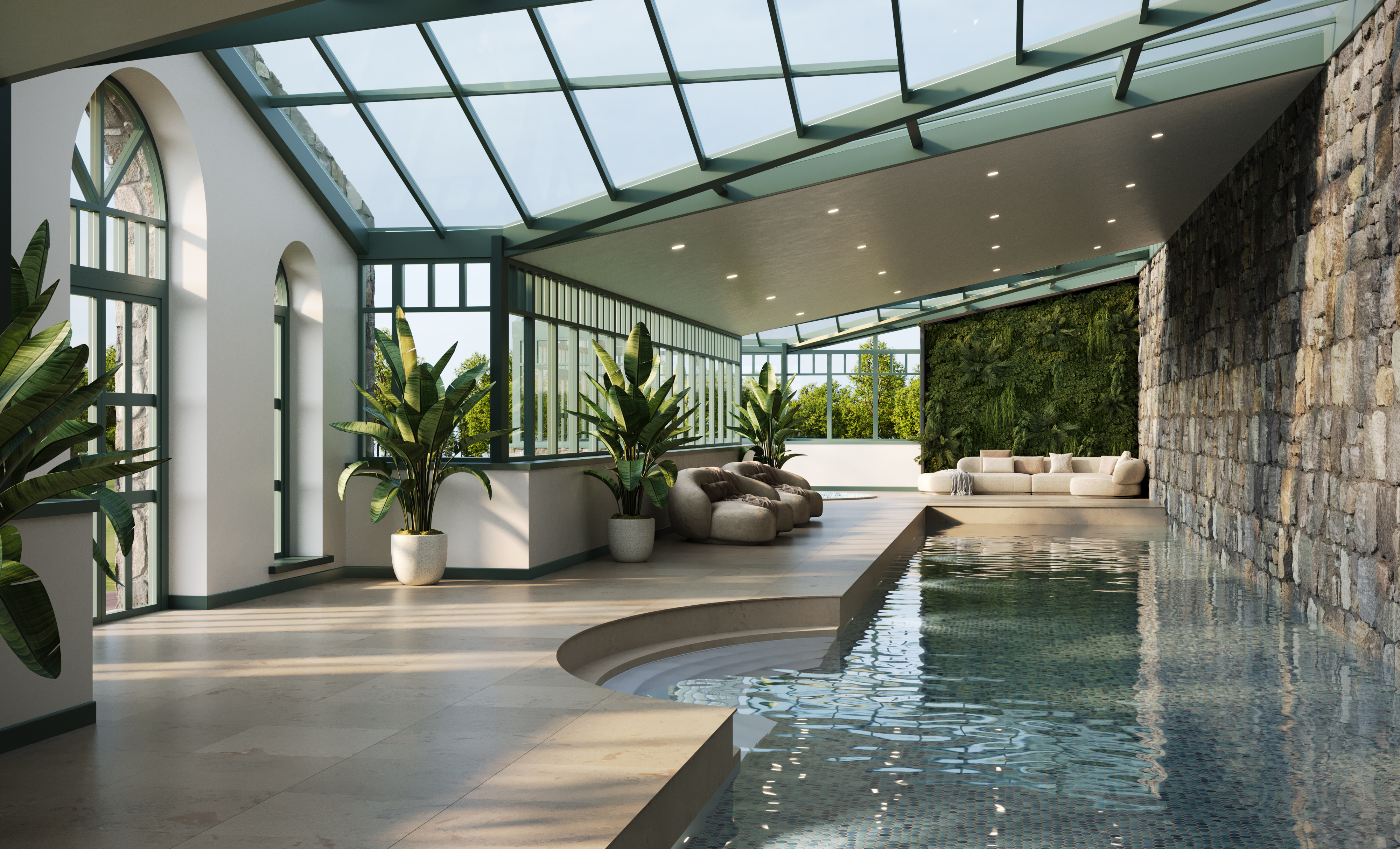 Swimming pool area with glass roof