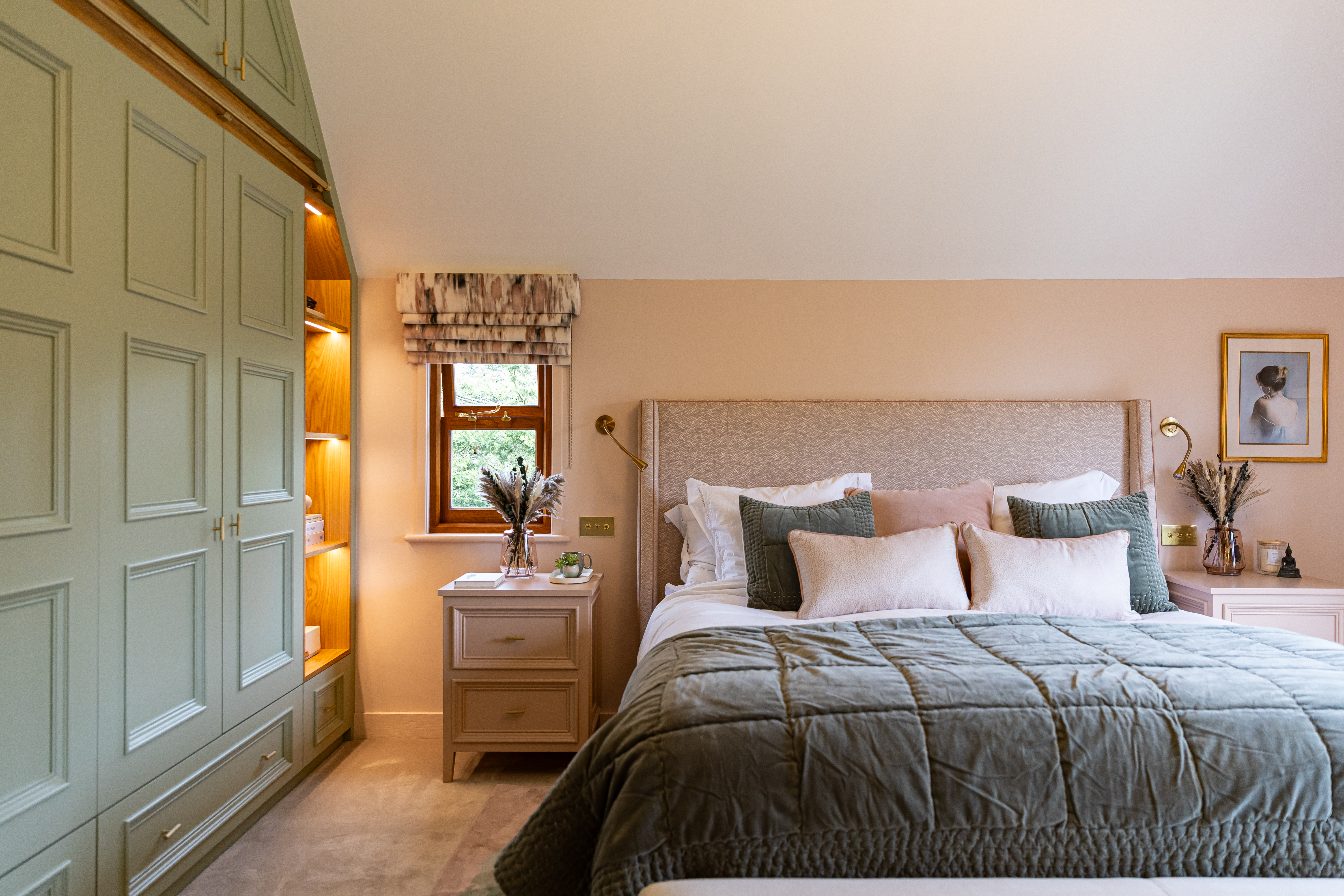 View of bespoke joinery and bespoke bed with upholstered headboard