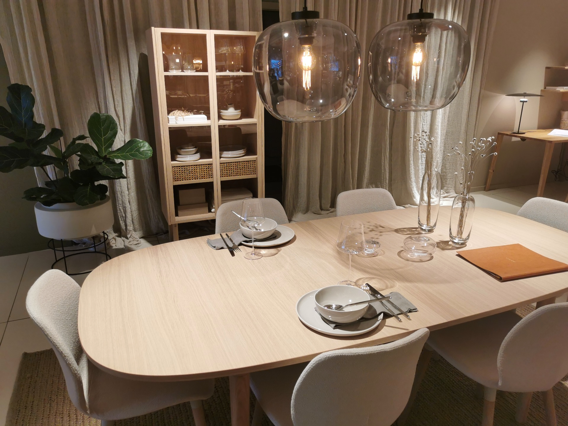 Yacht dining table, Seed dining chairs and Cana cabinet