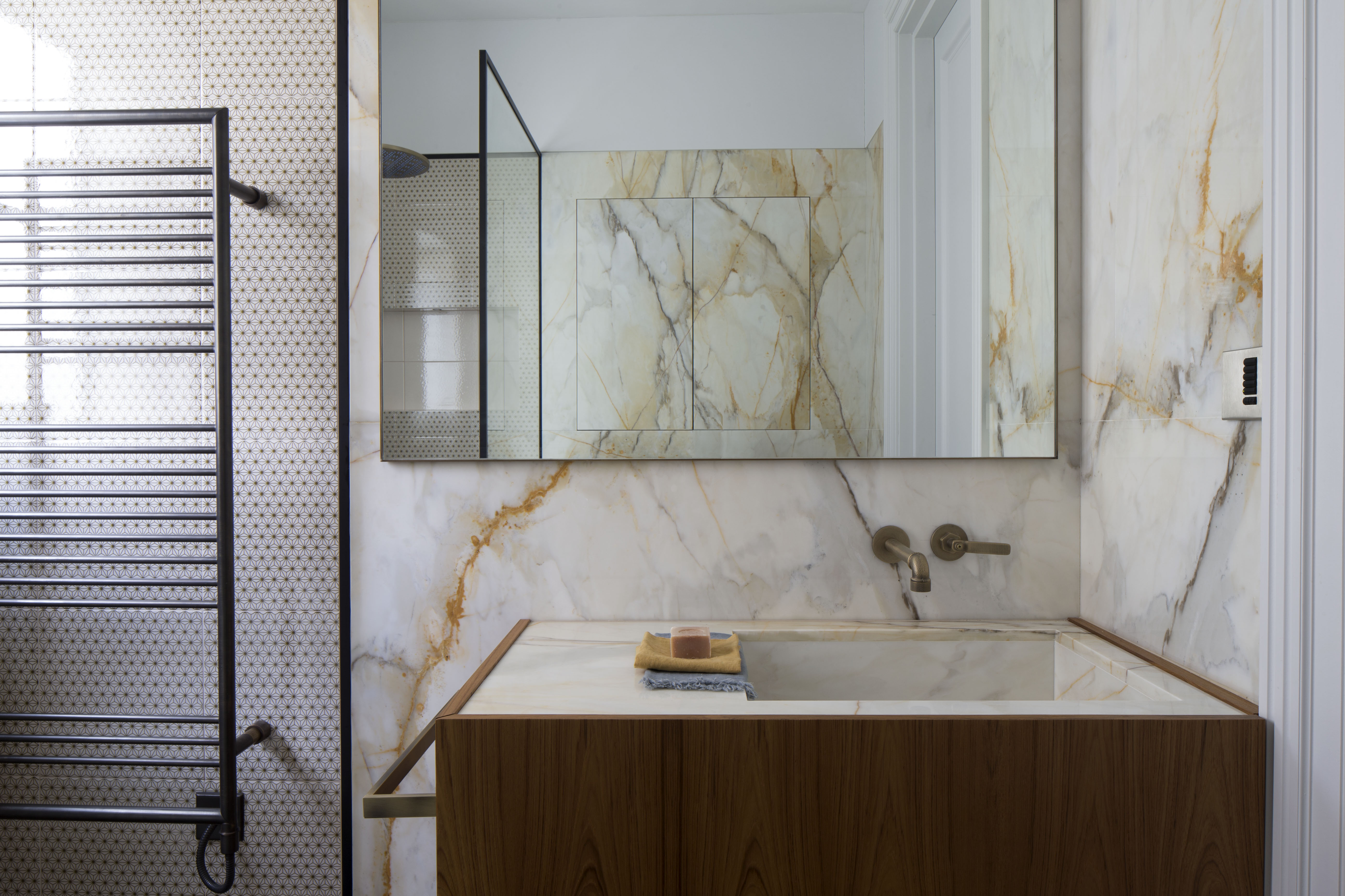marble and teak bathroom vanity