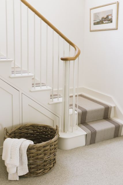 New Shaker style cottage staircase with oak handrail and Roger Oates striped runner