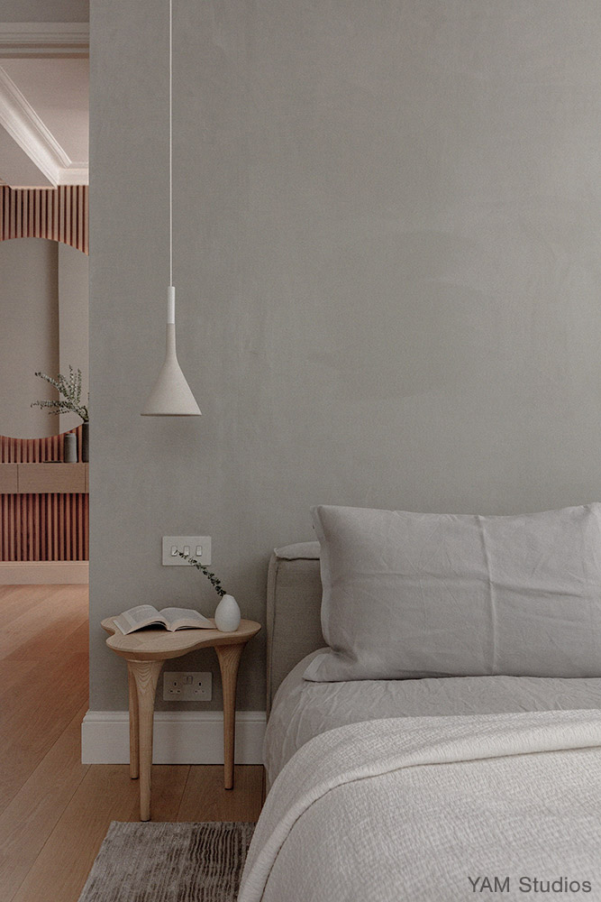 Contemporary, japandi bedroom with wood detail and grey tones