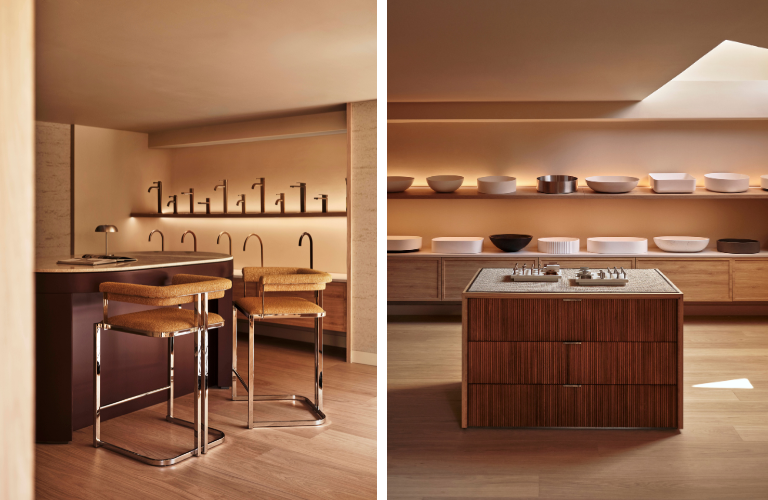 Two images depicting sandy-coloured walls and ceilings, with a selection of taps in one and sinks in another.