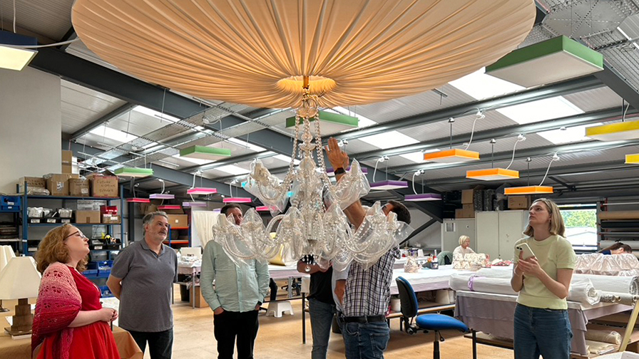 Behind-the-scenes-production-of-Giant-Canopy-Lampshades-for-The-Georgian-Restaurant,-Harrods