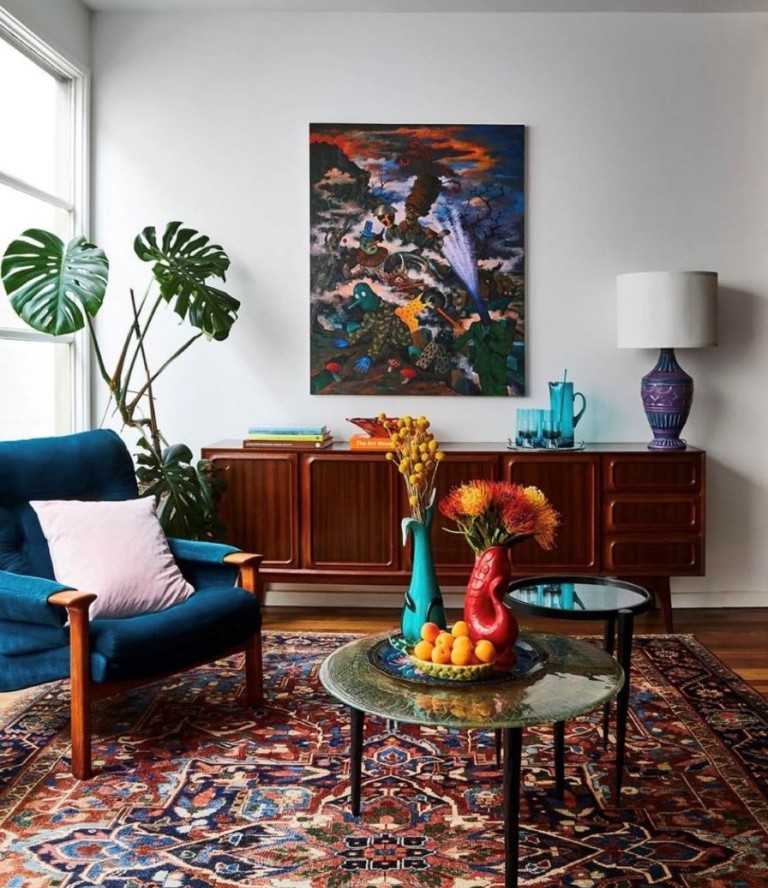 The Melbourne home of designer Liz Ride, featuring a painting by Rhys Lee. Photo by Armelie Habib